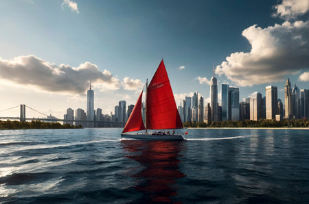 Classic sailboat with red sails contrasts against sleek skyscrapers skyline over calm waters. Traditional sailboat on modern urban skyline backdrop. Travel cruise concept. Copy ad text space. Gen Aiの素材