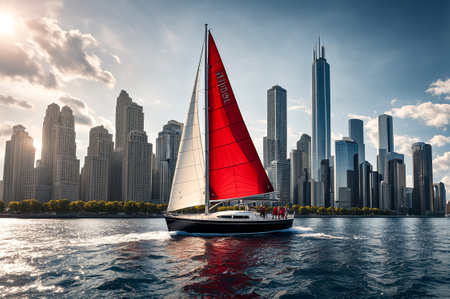 Classic sailboat with red sails contrasts against sleek skyscrapers skyline over calm waters. Traditional sailboat on modern urban skyline backdrop. Travel cruise concept. Copy ad text space. Gen Aiの素材