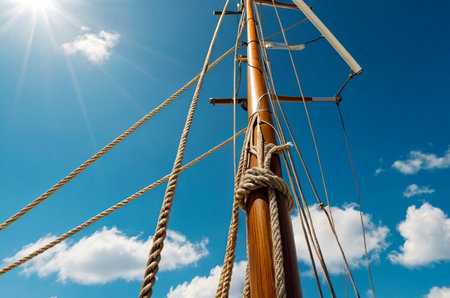 Mast of sailing yacht with ropes without sail at blue sky background. View from below mast boat against sky with cumulus clouds in sea. Transportation, cruise, sailing, yachting concept. Copy spaceの素材