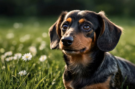 Senior dachshund dog resting in green grass, looking up at camera. Old dachshund with a heartfelt gaze lounges on a lush lawn, outdoors. Pet love, domestic animals concept. Copy ad text spaceの素材