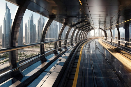 Railway of Dubai subway view at glass skyscrapers in business district, urban backdrop. Wallpaper of metropolitan city metro in desert arabic country. Public transportation concept. Copy ad text spaceの素材