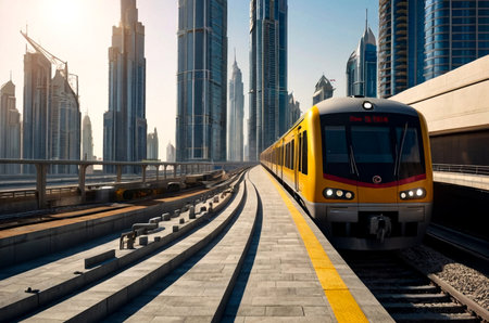View of train on railroad of Dubai modern subway in downtown at urban skyscrapers background. Backdrop of city metropolitan metro in desert arabic country. Public transport concept. Copy ad text spaceの素材
