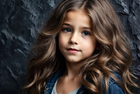 Stylish cover child 9-10 year old posing with long hair blowing in wind at dark textured wall, looking up. Adorable kid girl model frozen pose in shadow. Performing act concept. Copy ad text spaceの素材