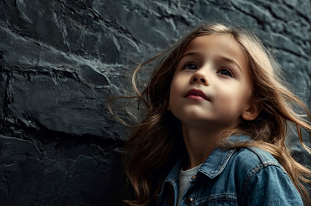 Stylish cover child 9-10 year old posing with long hair blowing in wind at dark textured wall, looking up. Adorable kid girl model frozen pose in shadow. Performing act concept. Copy ad text spaceの素材