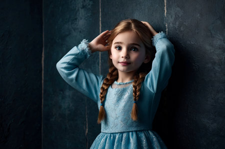 Cover child girl 9-10 year old frozen pose in doll image putting hands over head at dark textured wall, looking at camera. Lovely kid model posing in shadow. Performing act concept. Copy ad text spaceの素材