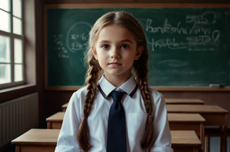 Portrait of first grader girl in school uniform at blackboard in classroom, thought looking at camera. Cute child schoolgirl posing indoors. School learning, education concept. Copy ad text spaceの素材