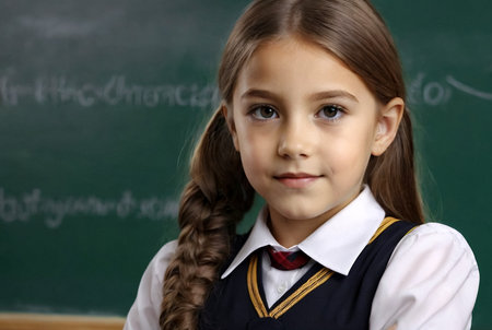 Portrait of first grader girl in school uniform at blackboard in classroom, thought looking at camera. Cute child schoolgirl posing indoors. School learning, education concept. Copy ad text spaceの素材
