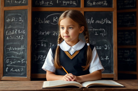 Cute first grader girl in school uniform reading book at blackboard in classroom, interesting. Adorable child schoolgirl with book posing inside. School learning, education concept. Copy ad text spaceの素材
