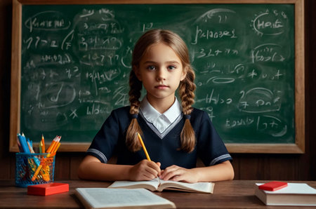 Portrait of first grader girl in school uniform at blackboard in classroom, thought looking at camera. Cute child schoolgirl posing indoors. School learning, education concept. Copy ad text spaceの素材