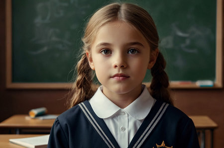 Portrait of first grader girl in school uniform at blackboard in classroom, thought looking at camera. Cute child schoolgirl posing indoors. School learning, education concept. Copy ad text spaceの素材