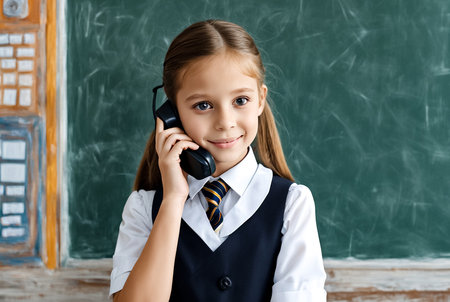 First grader girl in school uniform calling mobile phone at blackboard in classroom, looking away. Cute smiling child schoolgirl posing indoors. School learning, education concept. Copy ad text spaceの素材
