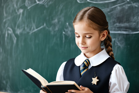 Cute first grader girl in school uniform reading book at blackboard in classroom, interesting. Adorable child schoolgirl with book posing inside. School learning, education concept. Copy ad text spaceの素材