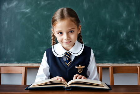 Cute first grader girl in school uniform reading book at blackboard in classroom, interesting. Adorable child schoolgirl with book posing inside. School learning, education concept. Copy ad text spaceの素材