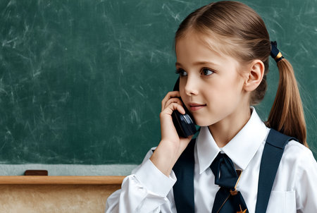 First grader girl in school uniform calling mobile phone at blackboard in classroom, looking away. Cute smiling child schoolgirl posing indoors. School learning, education concept. Copy ad text spaceの素材