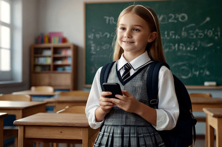 First grader girl in school uniform with backpack using mobile phone at blackboard in classroom. Cute passive child schoolgirl posing indoors. School learning, education concept. Copy ad text spaceの素材