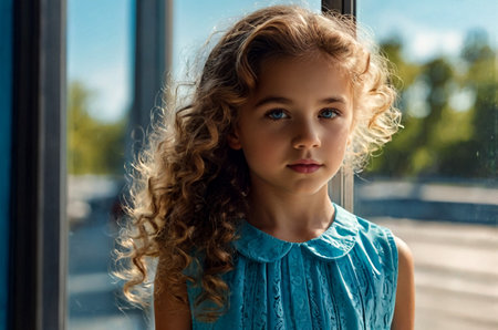 Face of thoughtful fashionable cover kid girl in art azure dress posing at large window, looking at camera. Adorable stylish child lady in living room. Children emotion concept. Copy ad text spaceの素材