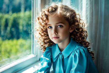 Face of thoughtful fashionable cover kid girl in art azure dress posing at large window, looking at camera. Adorable stylish child lady in living room. Children emotion concept. Copy ad text spaceの素材