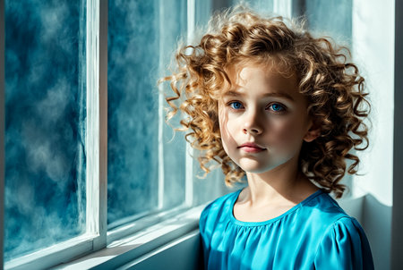 Face of thoughtful fashionable cover kid girl in art azure dress posing at large window, looking at camera. Adorable stylish child lady in living room. Children emotion concept. Copy ad text spaceの素材
