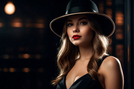 Portrait of elegant teen lady in Chicago retro style image posing at spotlight, confidently looking away. Perfect teenage american cover girl in black dress. Fashion vintage concept. Copy ad text spaceの素材