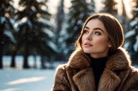 Fashionable young cute woman wearing natural fur coat posing in park with spruces, looking away. Stylish pretty lady walking outdoor, lifestyle. Fashion style concept. Copy empty space for ad textの素材