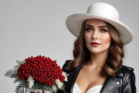 Portrait german fashionable bride young lady in white wedding dress, hat, leather jacket with rowan berries bouquet. Stylish woman posing at white background. Fashion style concept. Copy text spaceの素材