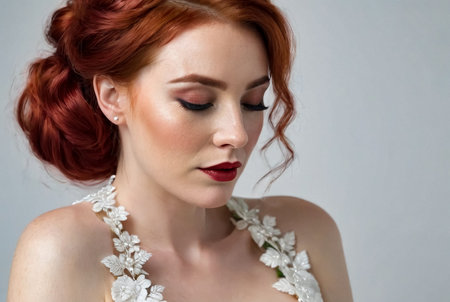 Portrait of bride Irish lady in white wedding dress with red hair at white wall, closed eyes. Fashionable pretty woman with flowers bouquet. Fashion trendy style beauty concept. Copy ad text spaceの素材
