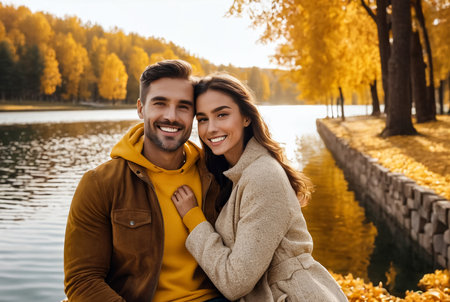 Lovely couple hugging in autumn park with lake, spend time outdoors, smiling happy. Cute couple, man and woman, in yellow clothes rest in nature. Concept of relax and leisure activity. Copy text spaceの素材