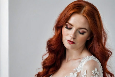 Portrait of bride Irish lady in white wedding dress with red hair at white wall, closed eyes. Fashionable pretty woman with flowers bouquet. Fashion trendy style beauty concept. Copy ad text spaceの素材