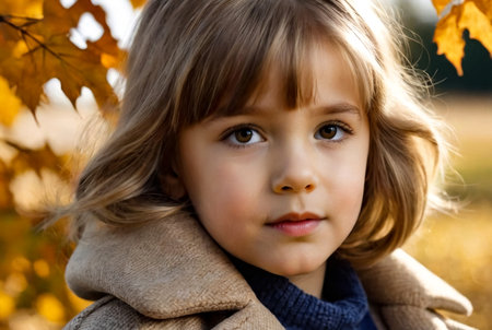 Face pensive little girl child model in coat posing in autumn sunlight park, looking at camera. Sad cute lady kid in fall nature leisure activity. Childhood vitality concept. Copy text space for adの素材