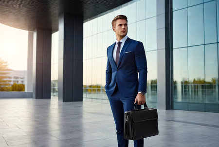 Confident young man businessman in suit with briefcase posing at business building corporate company, positive looking away. Male near office house located in financial district. Copy ad text spaceの素材