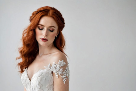 Portrait of bride Irish lady in white wedding dress with red hair at white wall, closed eyes. Fashionable pretty woman with flowers bouquet. Fashion trendy style beauty concept. Copy ad text spaceの素材