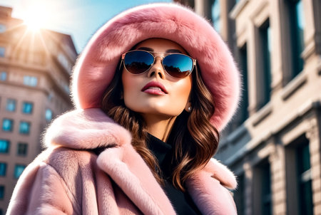 Fashionable pretty woman in sunglasses wearing natural fur coat and pink fur hat at city building background, looking up away. Stylish young lady posing outdoor. Fashion style concept. Copy text spaceの素材