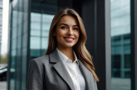 Happy stylish lady businesswoman in gray coat posing at entrance business building corporate, smiling looking at camera. Portrait young woman near office house in business district. Copy ad text spaceの素材