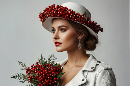 Portrait german fashionable bride young lady in white wedding dress, hat, leather jacket with rowan berries bouquet. Stylish woman posing at white background. Fashion style concept. Copy text spaceの素材