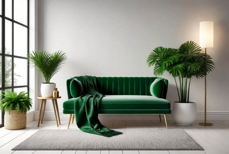 Interior home decor with soft bench, green house plant and stylish lamp in white room. Domestic composition of cozy living room with armchair, plants and bulb on isolated background. Copy text spaceの素材