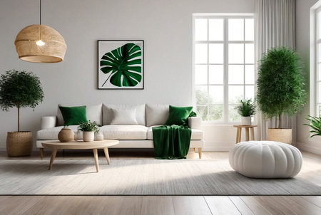 Interior home decor with soft bench, green house plant and stylish lamp in white room. Domestic composition of cozy living room with armchair, plants and bulb on isolated background. Copy text spaceの素材