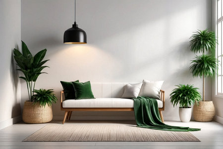 Interior home decor with soft bench, green house plant and stylish lamp in white room. Domestic composition of cozy living room with armchair, plants and bulb on isolated background. Copy text spaceの素材