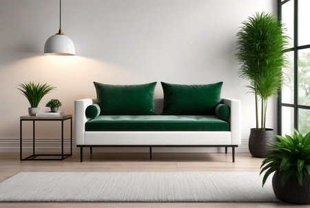 Interior home decor with soft bench, green house plant and stylish lamp in white room. Domestic composition of cozy living room with armchair, plants and bulb on isolated background. Copy text spaceの素材