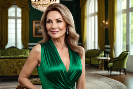 Portrait adult middle-aged woman in green dress at luxury interior background, smiling and looking away. Matured female lady dressed fashionable indoors. Concept of stylish people. Copy spaceの素材