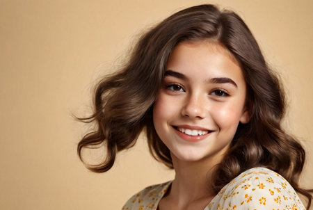 Portrait of teen girl with dimples in retro summer image posing at beige, smiling looking at camera. Stylish pretty teenager with positive emotion. Fashion vintage style concept. Copy ad text spaceの素材