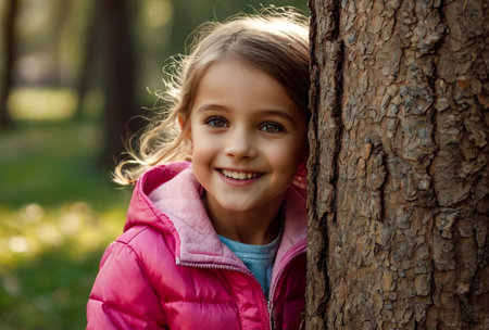 Portrait of funny little girl 5-6 year old in pink jacket peeking out from behind tree, smile looking at camera. Joyful girl kid walking in urban park. Childhood emotion concept. Copy ad text spaceの素材
