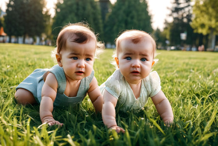 Crying unhappy baby girl crawling in green grass lawn summer urban park, sad depressed. Sorrowful kid creeping in city springtime season. Concept of childhood and baby health care. Copy text spaceの素材