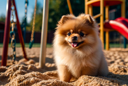 Portrait of fluffy puppy of Small German Pomeranian on dog playground. White funny little German Spitz dog playing on walk in nature, outdoors. Pet love concept. Copy space for siteの素材