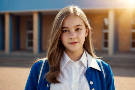 Art noise film style image. Portrait of thirteen-year-old schoolgirl in white blouse, plaid skirt and jacket at school. Emotional teen girl posing looking at camera. Concept of school age and learningの素材