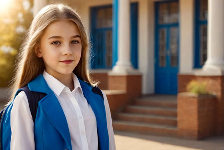 Art noise film style image. Portrait of thirteen-year-old schoolgirl in white blouse, plaid skirt and jacket at school. Emotional teen girl posing looking at camera. Concept of school age and learningの素材