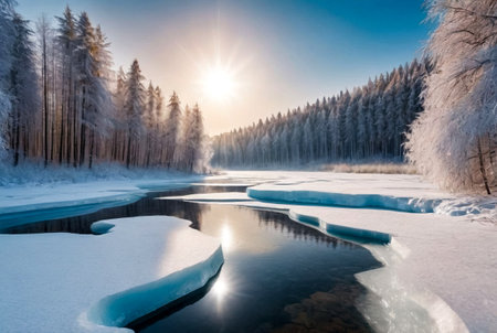 Large image view of winter forest ice lake. Panoramic landscape with snowy trees, blue sky with clouds, amazing frozen lake with ice water. Background seasonal winter cloudy cool weather. Copy spaceの素材