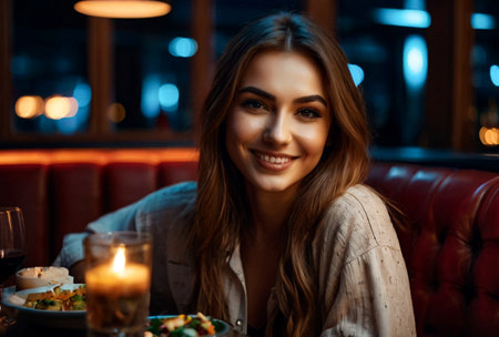 Casual portrait of positive emotional young woman in night restaurant club at table. Night city lifestyle concept. Copy spaceの素材