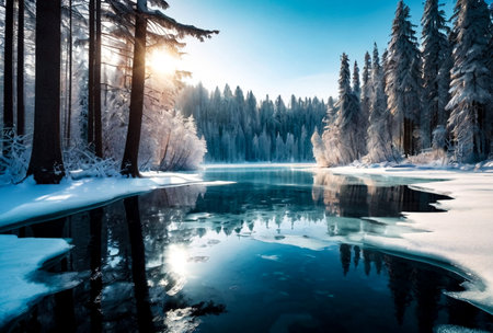 Large image view of winter forest ice lake. Panoramic landscape with snowy trees, blue sky with clouds, amazing frozen lake with ice water. Background seasonal winter cloudy cool weather. Copy spaceの素材
