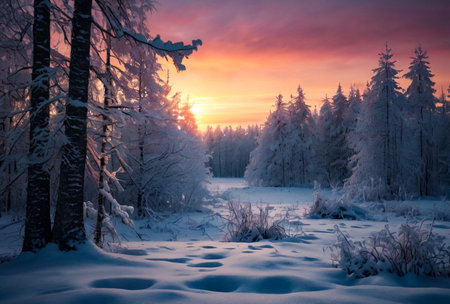 Mystical Scandinavian winter forest at sunset in Karelia. Large view image landscape with trees, blue sky with clouds, amazing view. Background of seasonal Finland winter. Copy spaceの素材