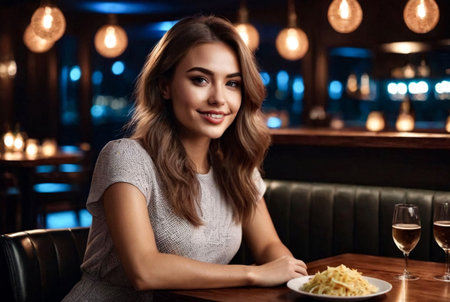Casual portrait of positive emotional young woman in night restaurant club at table. Night city lifestyle concept. Copy spaceの素材